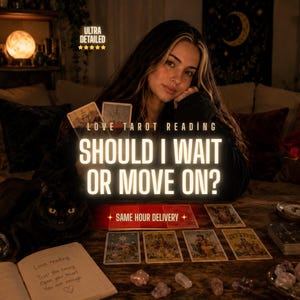 May include: A tarot card reading setup featuring a person holding two cards, with several tarot cards laid out on a wooden table. The text reads LOVE TAROT READING, SHOULD I WAIT OR MOVE ON?, and SAME HOUR DELIVERY. Includes candles and crystals.