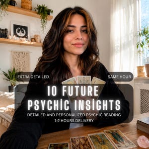Peut inclure: Un service de lecture psychique avec le texte 10 FUTURE PSYCHIC INSIGHTS, EXTRA DETAILED, SAME HOUR et 1-2 HOURS DELIVERY. L'image montre une personne tenant trois cartes de tarot, avec d'autres cartes de tarot étalées sur une table en bois.