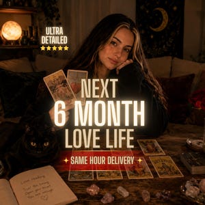 Könnte beinhalten: Ein Tarotkarten-Lese-Setup mit einem Kartendeck, einem Notizbuch mit handschriftlichen Notizen, zwei brennenden Kerzen und einer schwarzen Katze. Der Text auf dem Bild lautet: ULTRA DETAILED, NEXT 6 MONTH LOVE LIFE und SAME HOUR DELIVERY.