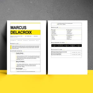 May include: A two-page professional resume template featuring a clean layout with black text on white paper. The header displays the name MARCUS DELACROIX in bold black letters over a yellow rectangular background, followed by sections for profile, experience, skills, recognition, and education.