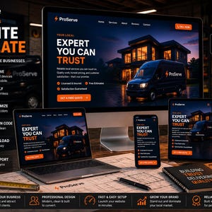 May include: A website template for local service businesses displayed on a desktop monitor, laptop, smartphone, and tablet. The design features a dark theme with orange accents, showcasing the ProServe brand, a house, and a service van.