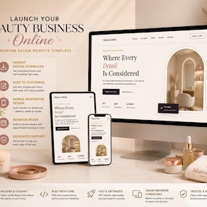 May include: A digital website template for a beauty business titled Maison Belle, displayed on a desktop monitor, tablet, and smartphone. The interface features a neutral colour palette, arched imagery, and text detailing features like instant download, mobile responsiveness, and booking capabilities.