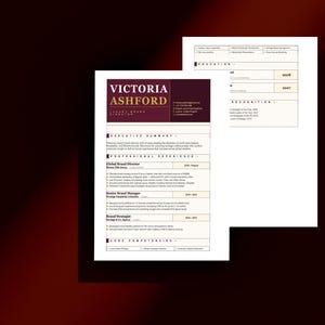 Resume Template | Burgundy & Gold CV | Word docx | Instant Download | Split Header Design |  Fashion Hospitality