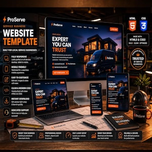 May include: A ProServe website template display featuring a desktop monitor, laptop, smartphone, and tablet showing a service business site. Includes a measuring tape, pen, notebook, and mug on a desk with text detailing HTML5 and CSS3 features.