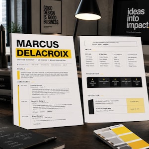 May include: Two white resume pages featuring black text and yellow accents. The left page displays the name Marcus Delacroix, professional profile, and experience. The right page lists skills, recognition, and education details in a clean layout.