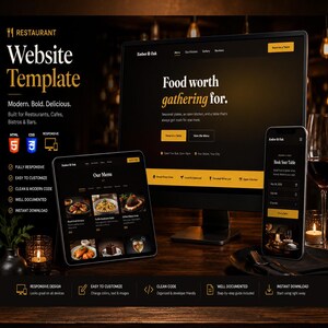 Könnte beinhalten: Eine Restaurant-Website-Vorlage, dargestellt auf einem Desktop-Monitor, Tablet und Smartphone. Die Benutzeroberfläche zeigt ein dunkles Farbschema mit goldenen Akzenten, Menüpunkte, Buchungsformulare und den Text Ember & Oak.