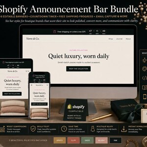 Può includere: Un pacchetto di barre di annuncio Shopify visualizzato su un monitor desktop, tablet e smartphone che mostra un'interfaccia web con un timer per il conto alla rovescia, testo sulla spedizione gratuita e il titolo Quiet luxury, worn daily.