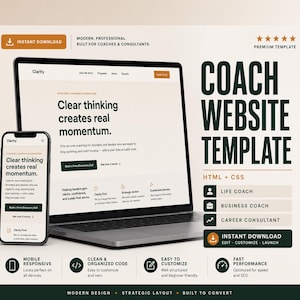 May include: A digital website template for coaches and consultants displayed on a laptop and smartphone screen. The design features dark green text on a light background with the heading Coach Website Template, HTML + CSS, and icons for life coach, business coach, and career consultant roles.