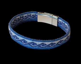 Blue Wave Bracelet with Silver-Tone Clasp | Tablet Woven Political Statement