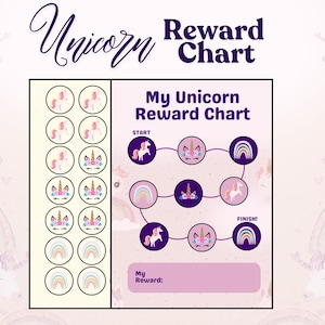 May include: A rectangular unicorn reward chart featuring the text "Unicorn Reward Chart" and "My Unicorn Reward Chart". The chart includes a path of circular icons with unicorns and rainbows, a column of matching circular stickers, and a space labelled "My Reward".