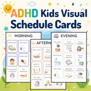Può includere: Un set di carte per il programma visivo per bambini ADHD con tre tabelle rettangolari etichettate Morning, Afternoon e Evening. Ogni tabella contiene una griglia di piccole carte quadrate con illustrazioni e testo per le attività quotidiane.