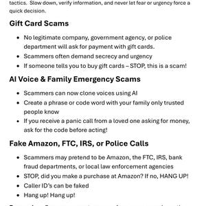 May include: A digital Fraud Safety Guide document titled Protect Yourself From Modern Scams. It outlines warnings regarding gift card scams, AI voice cloning, and impersonation calls from entities like Amazon, the FTC, the IRS, and police.