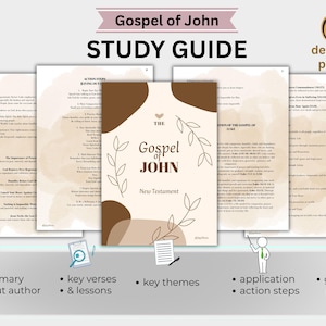Op de afbeelding: Een studiehandleiding voor het Evangelie van Johannes met acht pagina's, voorzien van beige en bruine abstracte vormen, bladillustraties en tekst. De omslag toont de titel Gospel of John, New Testament en een hartpictogram met diverse thema's.
