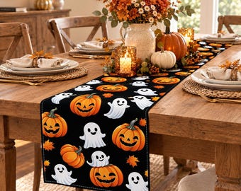 Halloween Table Runner with Ghost Pumpkin Print, 13x72 Inch Rustic Polyester Decor