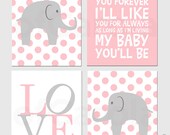 Baby Girl Nursery Elephant PERSONALIZED Wall Art Print - Child Animal Wall Print, Choose Colors - Pastel Pink Grey White Colors - 8x10 inch