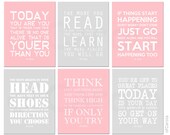 Nursery Wall Art Dr Seuss Quotes - PERSONALIZED PRINTS SET Six Prints, Choose Colors - Kids Art, Pastel Pink Gray White - 11x14 inch