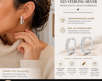 925 Sterling Silver Moissanite Hoop Earrings, Diamond Alternative Hoops, Hypoallergenic Gift for Women