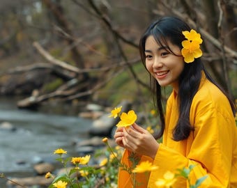 Aziatisch meisje plukt gele bloemen aan rivier – print met natuurtafereel