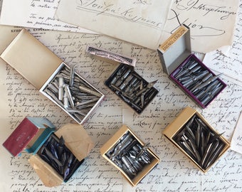 As new vintage nibs for calligraphy or sketching, a choice of 6 nibs types (3 in sets) or collection of 6 different nibs. (Boxes not inc.)