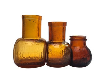 A collection of 3 original vintage amber coloured jars, Bovril. Kitchen retro decor.