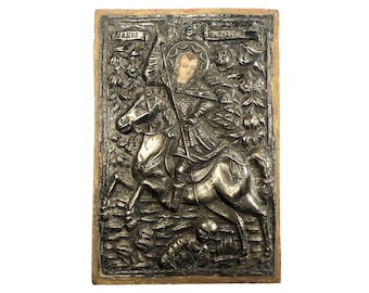 Saint Demetrius, vintage Greek icon hand painted face on wood with decorative metal design.