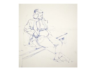 Pen and ink drawing of a woman on a bench, life drawing, 1950s, by Richard Long, unsigned.