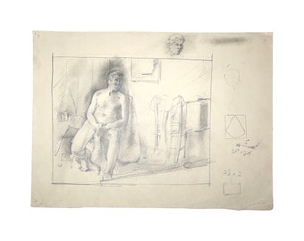 Seated male, life drawing, pencil drawing, 1950s, by Richard Long, unsigned.