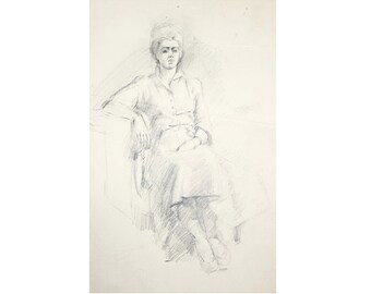 Seated women, pencil drawing, 1950s, by Richard Long, unsigned.