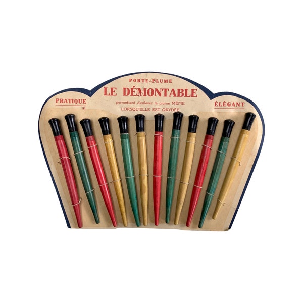 Vintage French dip pen handles, plus random nib, red, yellow or green, listing is for 1 pen, (4 or more pens and we'll include card display)