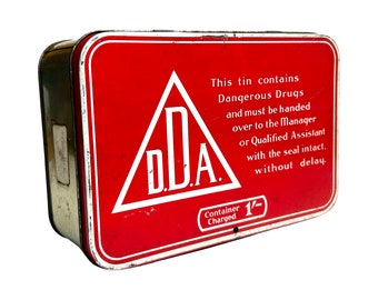 D.D.A Large red tin with great graphics, 218 x 147 x 74 mm, circa 1960s. For display or storage.