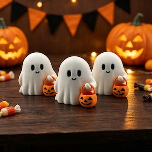 May include: Three white ghost figurines with smooth, rounded shapes and simple black eyes and mouths. Each ghost holds a small, bright orange plastic pumpkin bucket with a carved jack-o'-lantern face, designed for collecting candy treats.