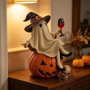 May include: A decorative figurine of a ghost wearing a black witch hat with an orange band, sitting atop a carved orange jack-o'-lantern. The ghost holds a glass of red wine in one hand and wears black shoes. A small human skull sits beside the pumpkin.