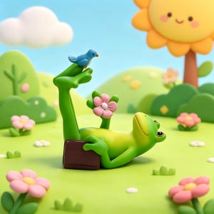 Könnte beinhalten: Eine grüne Froschfigur, die auf dem Rücken auf einem braunen rechteckigen Sockel liegt, mit einer Hand eine rosa Blume hält und einen kleinen blauen Vogel auf den erhobenen Füßen balanciert. Die Szene zeigt eine Sonne, Wolken und rosa Blumen.