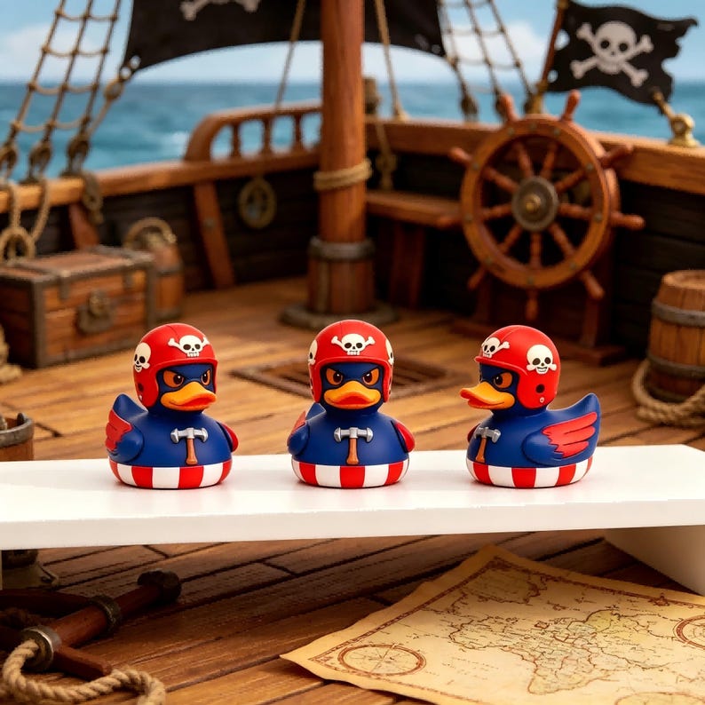 May include: Three rubber ducks wearing red helmets with white skull and crossbones designs. The ducks have blue bodies with red and white striped bases, orange beaks, and a small hammer emblem on their chests, arranged in a row on a white shelf.
