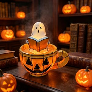 May include: A ceramic mug shaped like a jack-o'-lantern with a black web pattern, containing a glowing white ghost figurine reading an open book. The ghost emits a soft vapour, and the entire piece is illuminated from within, casting a warm orange glow.