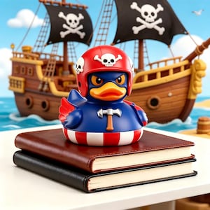 May include: A rubber duck wearing a red helmet with a white skull emblem, featuring a blue body with red wing accents, a silver hammer icon on the chest, and a red and white striped base, resting on two stacked leather-bound books.