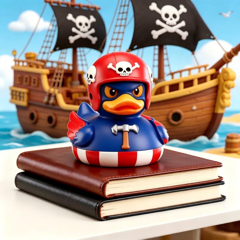 May include: A rubber duck wearing a red helmet with a white skull emblem, featuring a blue body with red wing accents, a silver hammer icon on the chest, and a red and white striped base, resting on two stacked leather-bound books.