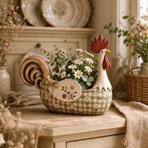 Puede incluir: Una maceta decorativa con forma de gallo que presenta un patrón de cuadros verdes y blancos con pequeños detalles florales. La figura de cerámica tiene una cresta y barbillas rojas, y está llena de margaritas blancas y follaje.
