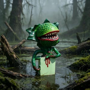 May include: A green, textured plant-like creature with a large, open mouth featuring sharp teeth and red lips. The creature has leafy appendages and is emerging from a light green rectangular container marked with a red, dripping paint design.