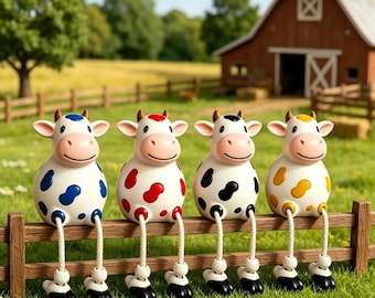 Cute Dangling Legs Cow Figurine Set, Colorful Farm Cow Statue, Farmhouse Shelf Sitter Decor