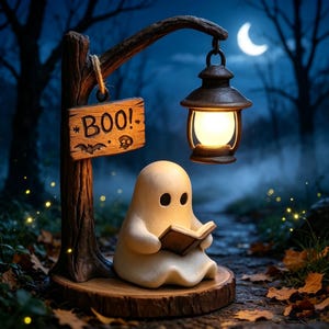 May include: A decorative figurine of a small, smooth, cream-colored ghost sitting on a circular wooden base, reading a book. A brown tree-like post holds a hanging lantern with a warm glow and a wooden sign with the text BOO! and a bat icon.