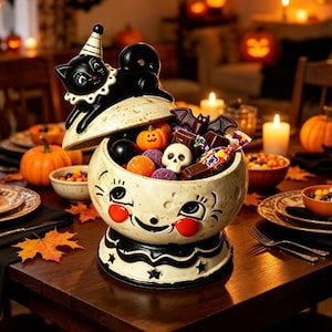 May include: A ceramic Halloween candy bowl featuring a cream-colored base with a smiling face, red cheeks, and a black cat lid. The bowl is filled with assorted candies, including a skull, a bat, and a pumpkin shape, sitting on a dark table.