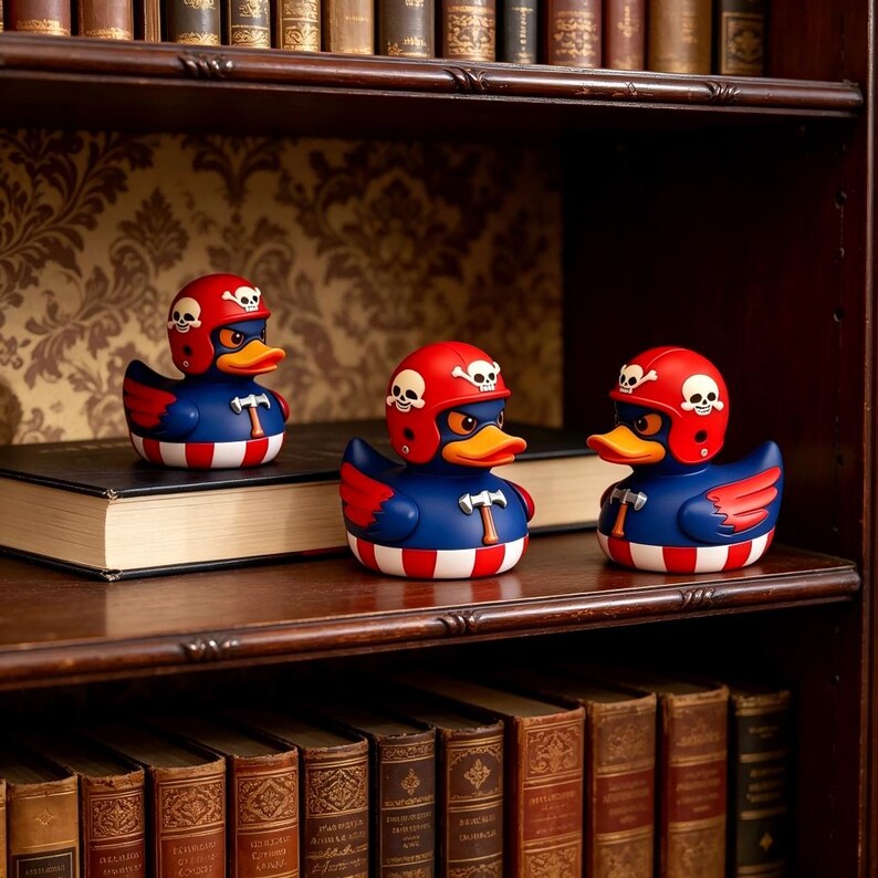 May include: Three rubber ducks with dark blue bodies, orange beaks, and red wings. Each duck wears a red helmet featuring white skull and crossbones symbols. The chest of each duck displays a small white hammer icon above red and white stripes.