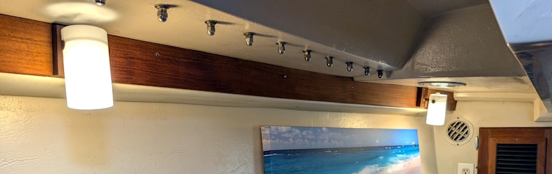 May include: Interior shot showing ceiling lights and track lighting fixtures. The lights are mounted on a dark wood beam. A painting of a beach scene is visible below the lights. The walls are painted a light beige colour.