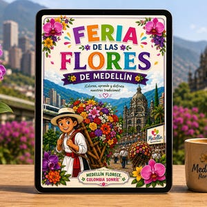 May include: A tablet displaying a colorful Feria de las Flores de Medellín poster with a person carrying a large flower arrangement, next to a potted orchid and a beige mug with the text Medellín florece on a wooden surface.
