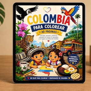 Könnte beinhalten: Ein digitales Tablet mit dem Cover eines Malbuchs mit dem Titel COLOMBIA PARA COLOREAR. Das Cover zeigt einen Jaguar, einen Ara, einen Kondor, zwei Kinder, die eine Karte von Kolumbien ausmalen, einen bunten Bus und einen Teller mit Essen.