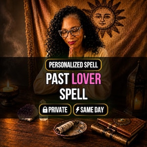 Puede incluir: Un gráfico digital con el texto PERSONALIZED SPELL PAST LOVER SPELL, PRIVATE y SAME DAY. La imagen muestra a una persona con cabello rizado y gafas, un tapiz de sol, una vela encendida, un racimo de amatista, salvia y libros.
