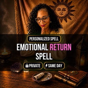 Puede incluir: Un gráfico digital con el texto PERSONALIZED SPELL EMOTIONAL RETURN SPELL, PRIVATE y SAME DAY. El fondo muestra a una persona con cabello rizado y gafas, una vela encendida, un cristal, un atado de salvia y dos libros encuadernados.