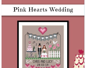 Pink Hearts Wedding Sampler Cross Stitch PDF Chart INSTANT DOWNLOAD