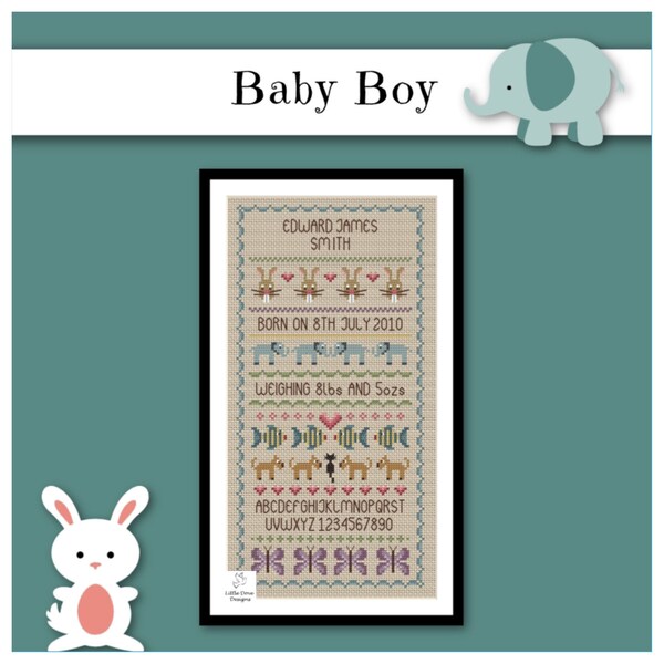 Baby Boy Birth Cross Stitch Sampler PDF Chart INSTANT DOWNLOAD